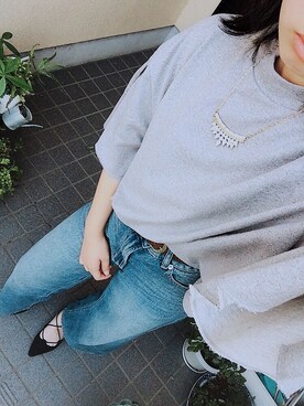 「EMODA（エモダ）のSLIT H/N 　Tシャツ（Tシャツ/カットソー、グレー系）」を使った、ねこのめさん（レディース・151cm）の夏コーディネート