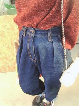 「GU（ジーユー）のアイテム（ニット/セーター、レッド系）」を使った、ねこのめさん（レディース・151cm）の秋コーディネート