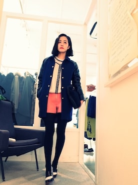 「Maison Kitsune（メゾンキツネ）のアイテム（スタジャン）」を使った、horiさん（レディース・158cm）の冬コーディネート