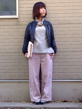 「くすみピンク」｜「アイテム（ライダースジャケット）」を使った、ajiさん（レディース・153cm）の冬コーディネート