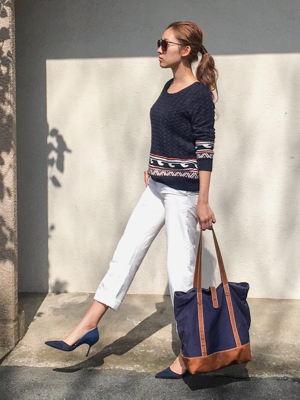 「春、カジュアル、シンプル、チノパン、柄ニット、オトナカジュアル、ザラ、ZARA、ユニクロ、UNIQLO」｜「laleiaのアイテム（ニット/セーター、ブルー系）」を使った、Erico Kimuraさん（レディース・166cm）の春コーディネートの1枚目の写真