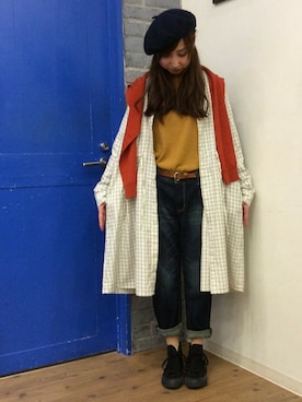 「ウィンドウペン」｜「アイテム（ハンチング/ベレー帽）」を使った、kaoriさん（レディース・157cm）の秋コーディネート