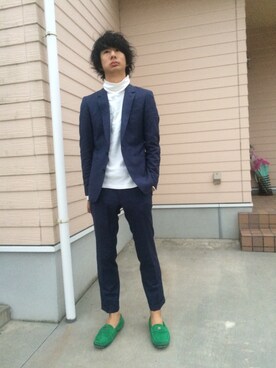 「アイテム（モカシン/デッキシューズ、グリーン系）」を使った、しゅんすけさん（メンズ・174cm）の秋コーディネート