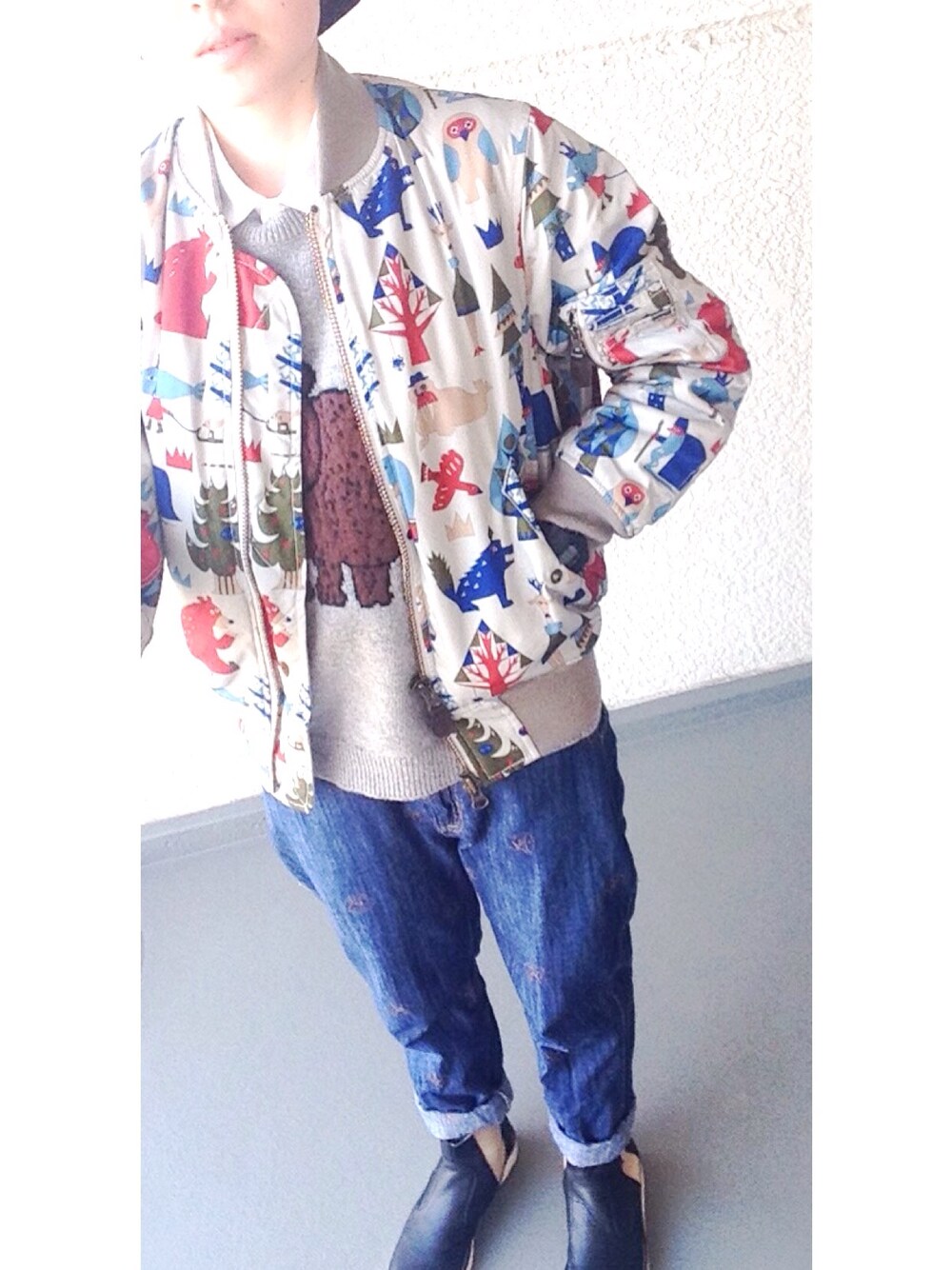 「Ne-netのアイテム（ブルゾン、グレー系）」を使った、y.chamarie.hさん（レディース・153cm）の春コーディネートの1枚目の写真