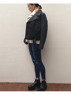 「cheap monday」｜「アイテム（ライダースジャケット）」を使った、山本優希さん（レディース・158cm）の秋コーディネート