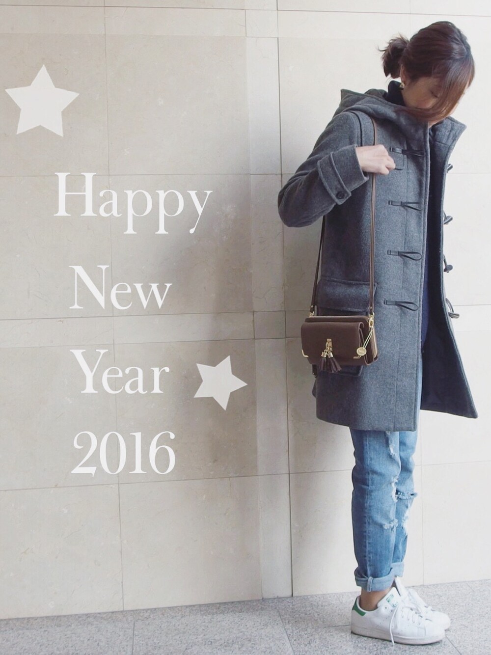 「初詣、スニーカー、デニム、SALEで買いました、ダッフルコート、プチプラ、シンプル、ミニバッグ、ZARA、GU」｜「GUのアイテム（ダッフルコート、グレー系）」を使った、SioAiさん（レディース・161cm）の冬コーディネートの1枚目の写真