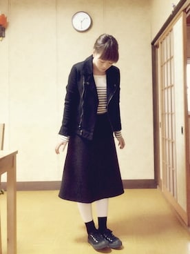 「ブラック×ホワイト」｜「アイテム（ライダースジャケット）」を使った、michiさん（レディース・157cm）の冬コーディネート