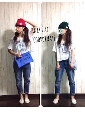 「ジャパンブルー」｜「アイテム（ニットキャップ/ビーニー）」を使った、chocomintさん（レディース・154cm）の夏コーディネート