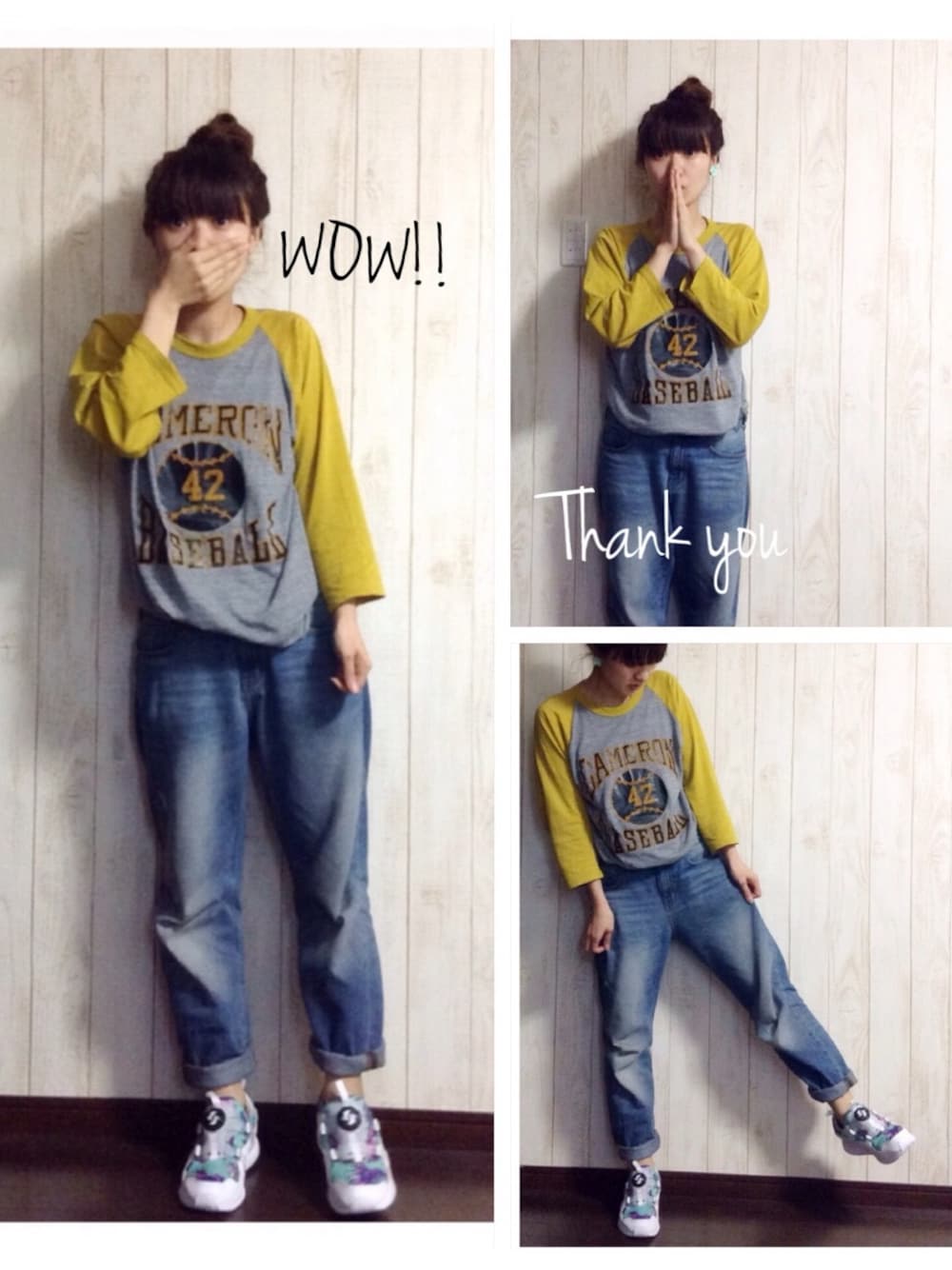 「ボーイフレンドデニム、ラグランTシャツ、お団子ヘアー、スニーカー、ジーパン」｜「◡̈♥︎のお花のイヤリング（イヤリング、ブルー系）」を使った、chocomintさん（レディース・154cm）の秋コーディネートの1枚目の写真
