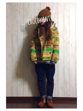 「インディゴデニム」｜「アイテム（ピーコート）」を使った、chocomintさん（レディース・154cm）の冬コーディネート