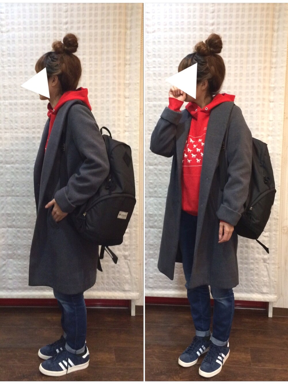 ブラック系のバックパック/リュック、グレー系のチェスターコート、レッド系のパーカーを着用したレディースの秋コーディネートの1枚目の写真