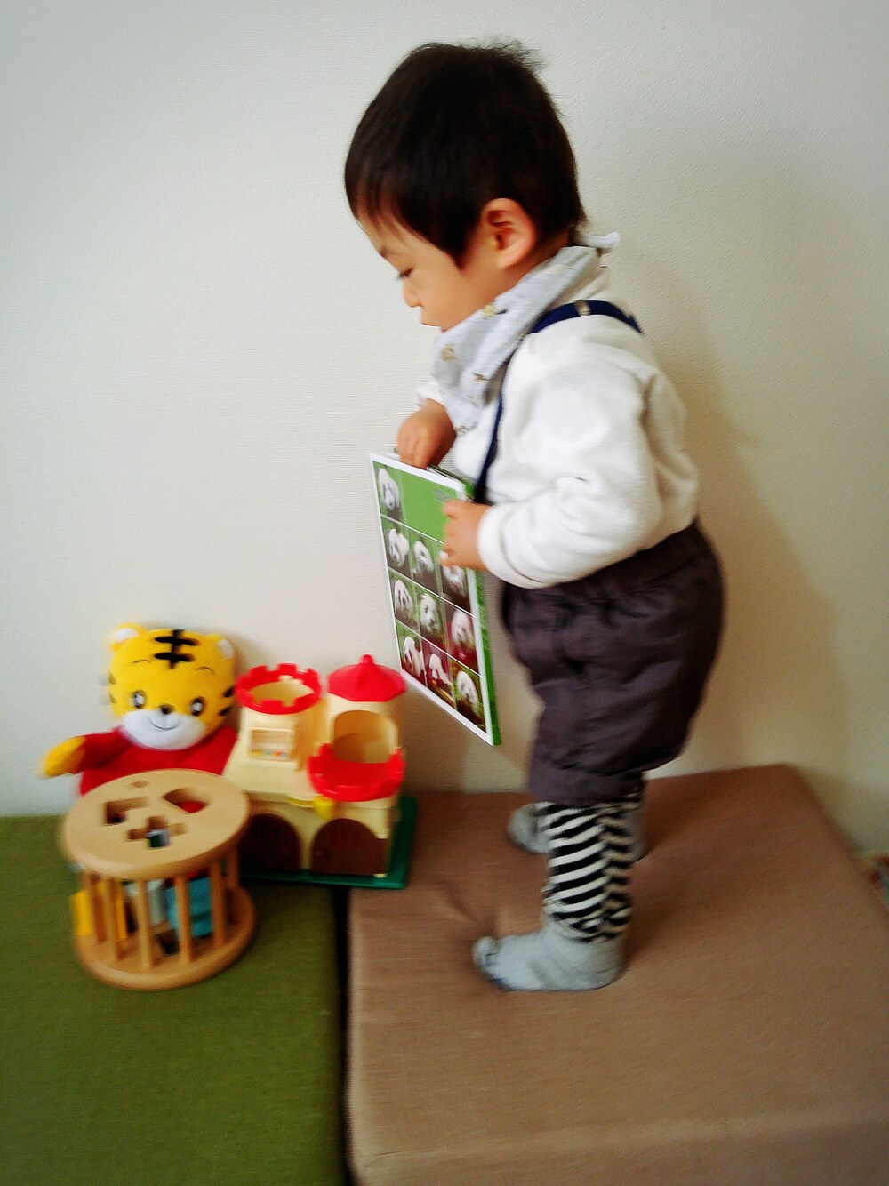 ホワイト系のTシャツ/カットソー、グレー系のチノパンツ、ブラック系のレッグウォーマーを着用したキッズの冬コーディネートの1枚目の写真