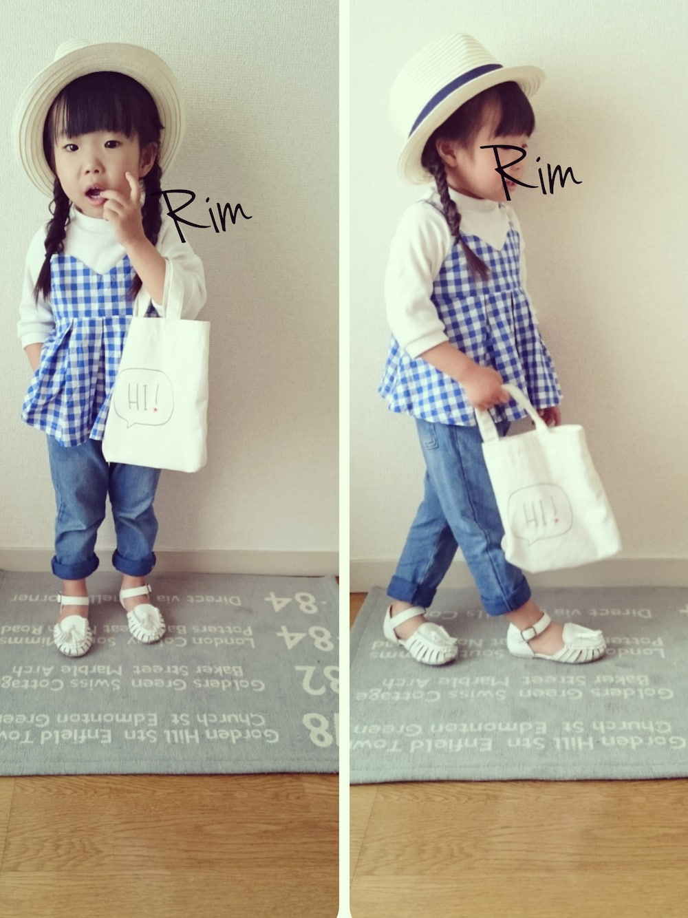 「キッズファッション、女の子、ドラフトPM、3歳、petit main、プティマイン、ビスチェ、デニム、ハット、BEAMS」｜「petit mainのキャミソール重ね着風5分袖Ｔシャツ（Tシャツ/カットソー、ブルー系）」を使った、rimさん（キッズ・90cm）の春コーディネートの1枚目の写真