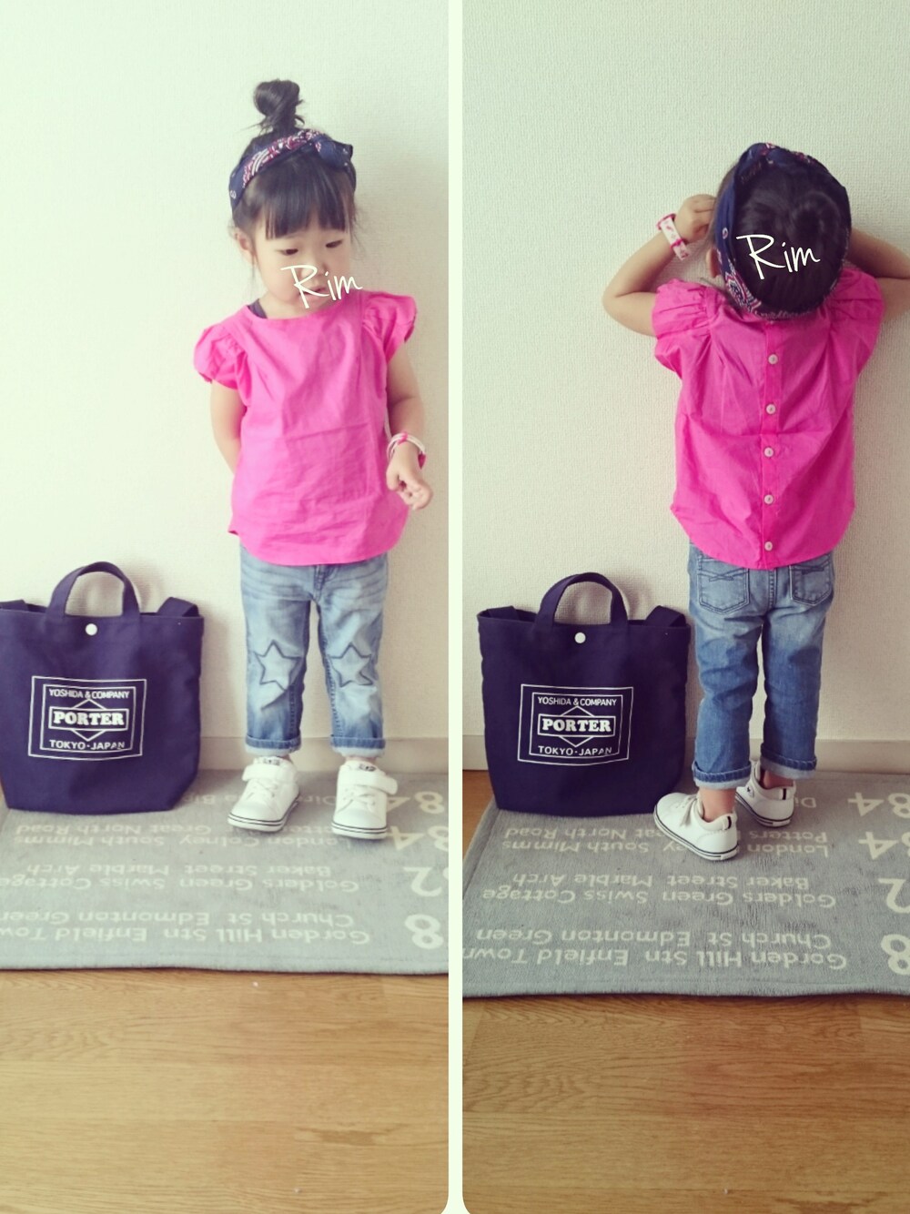 ピンク系のシャツ/ブラウス、ブルー系のデニムパンツ、ブルー系のトートバッグを着用したキッズの春コーディネートの1枚目の写真