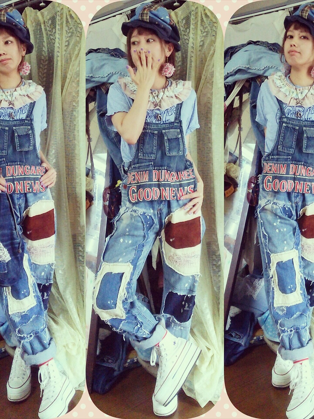 「古着、ハンドメイド、リメイク、個性派、COBICOBI、nikosmile、デニム」｜「DENIM DUNGAREEのアイテム（オールインワン・サロペット、ブルー系）」を使った、かおりん★さん（レディース・152cm）の夏コーディネートの1枚目の写真