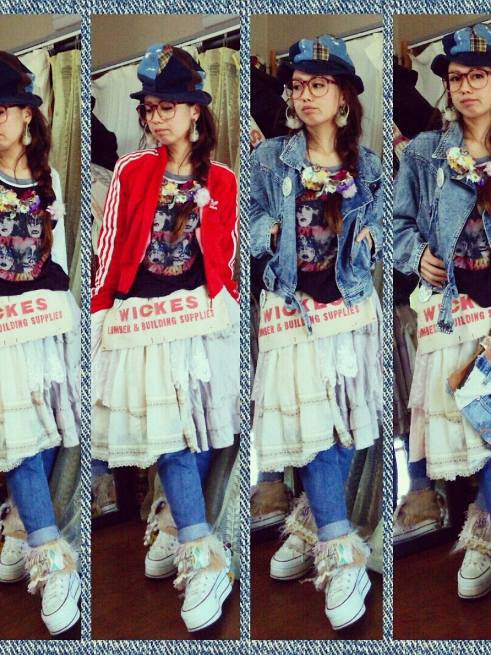 「ハンドメイド、リメイク、デニム、クラッチ、レイヤード、COBICOBI、古着、バンドT」｜「VINTAGEのアイテム（ファッション雑貨、ベージュ系）」を使った、かおりん★さん（レディース・152cm）の夏コーディネートの1枚目の写真