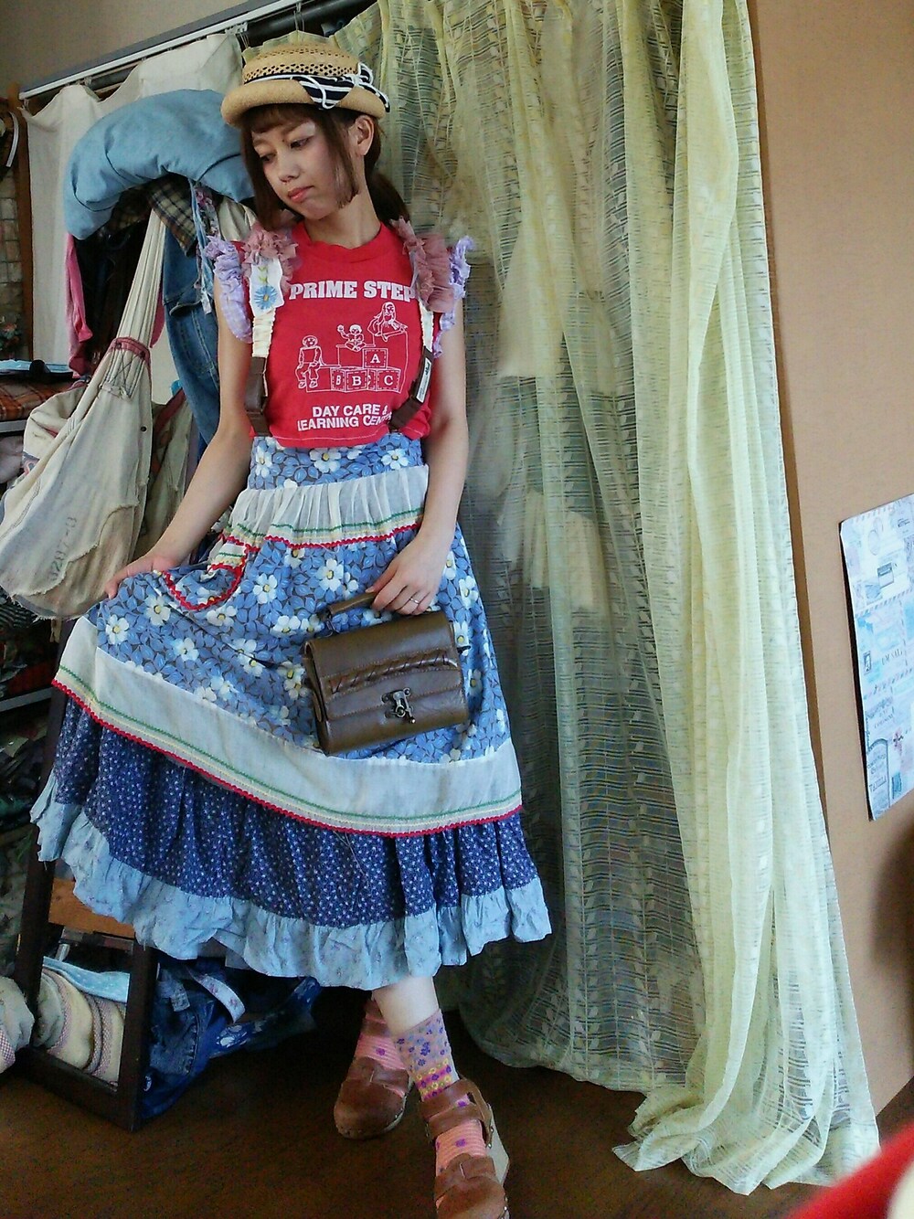 「ヴィンテージ、古着、リメイク、ハンドメイド、サスペンダー、カントリー」｜「VINTAGEのアイテム（ファッション雑貨、その他）」を使った、かおりん★さん（レディース・152cm）の夏コーディネートの1枚目の写真