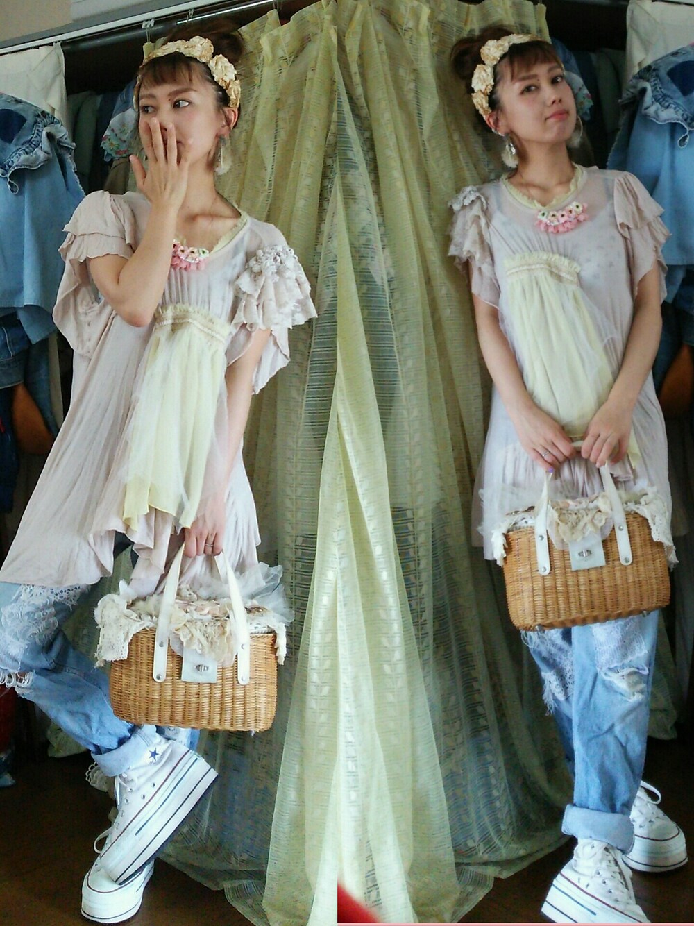 「ハンドメイド、かごバッグ、furfur、古着、おだんご」｜「FURFURのアイテム（トップス、ベージュ系）」を使った、かおりん★さん（レディース・152cm）の夏コーディネートの1枚目の写真