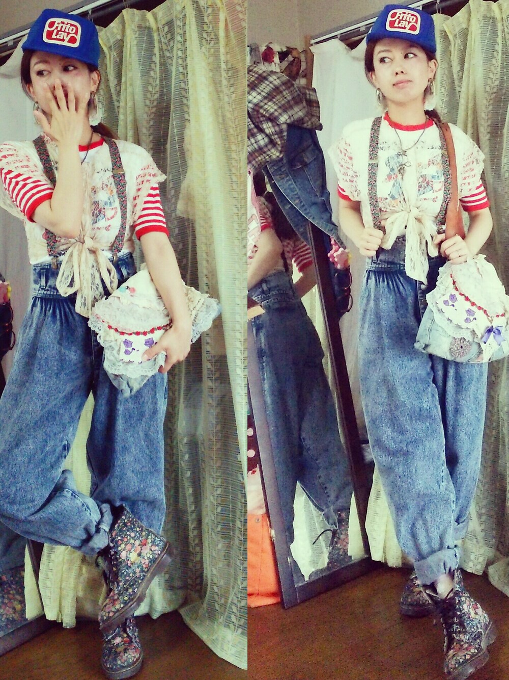 「古着、ハイウエスト、ケミカルデニム、ダサかわ、ヴィンテージ、ハンドメイド、わんこ服」｜「VINTAGEのアイテム（パンツ、ブルー系）」を使った、かおりん★さん（レディース・152cm）の夏コーディネートの1枚目の写真