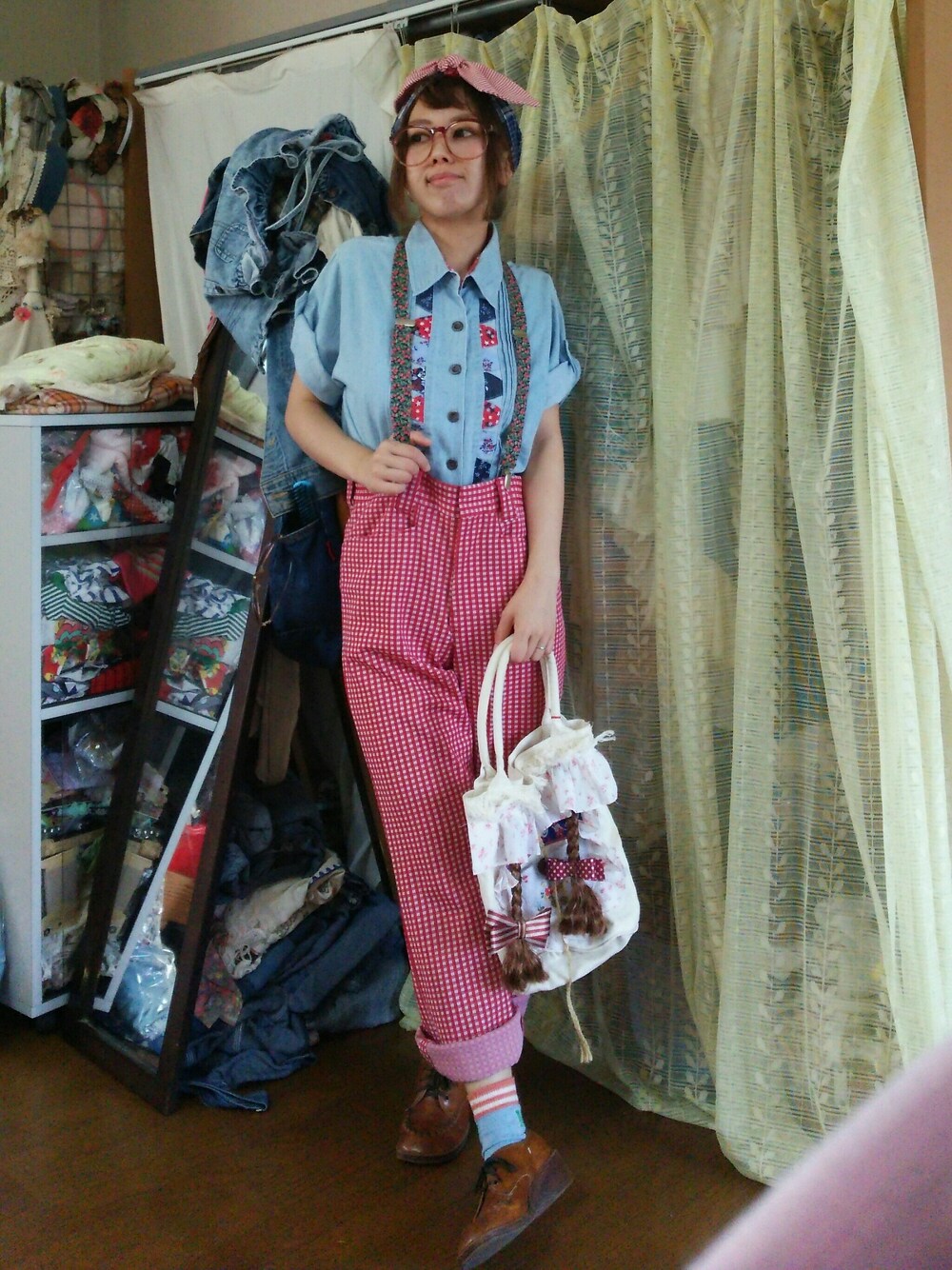 「私事ですがパピバ！！、毎年プレゼントありがとう★、これから仲良くしてね(*´∇｀*)、パナマボーイ、古着、handmade、momapatchwork、サスペンダーフェス」｜「Handmadeのアイテム（バッグ、ホワイト系）」を使った、かおりん★さん（レディース・152cm）の夏コーディネートの1枚目の写真
