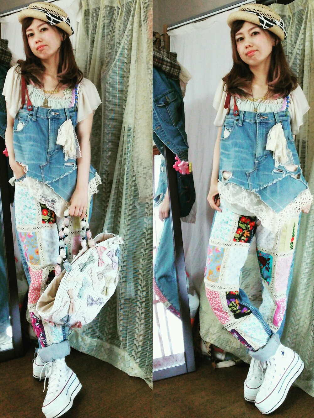 「古着、リメイク、デニム、furfur、メキシコ刺繍」｜「CONVERSEのアイテム（シューズ、ホワイト系）」を使った、かおりん★さん（レディース・152cm）の夏コーディネートの1枚目の写真