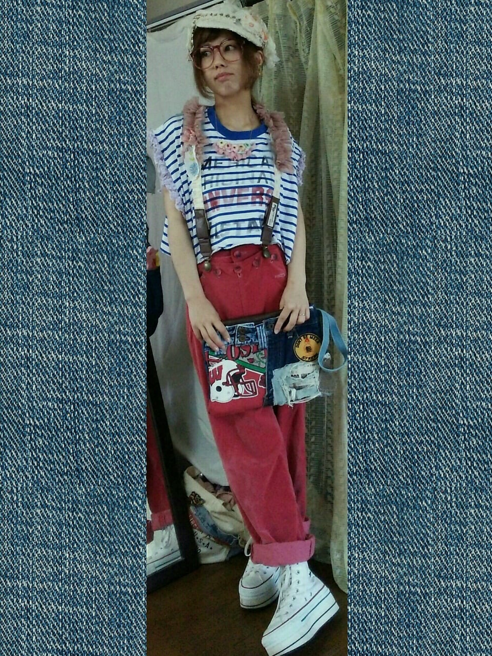 「サスペンダーフェス、サスペンダー、古着、ハンドメイド、handmade」｜「Handmadeのアイテム（バッグ、その他）」を使った、かおりん★さん（レディース・152cm）の夏コーディネートの1枚目の写真