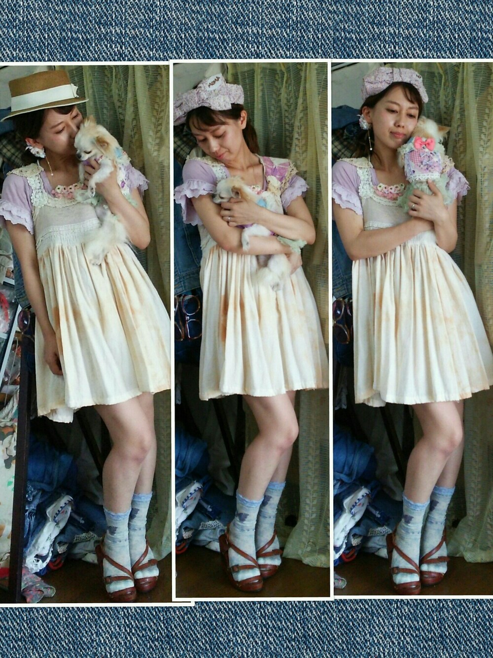「ペットフェス、チワワ、わんこ、溺愛❤、ハンドメイド、ワンピース、ガーリーコーデ」｜「Handmadeのアイテム（ワンピース/ドレス、ベージュ系）」を使った、かおりん★さん（レディース・152cm）の夏コーディネートの1枚目の写真