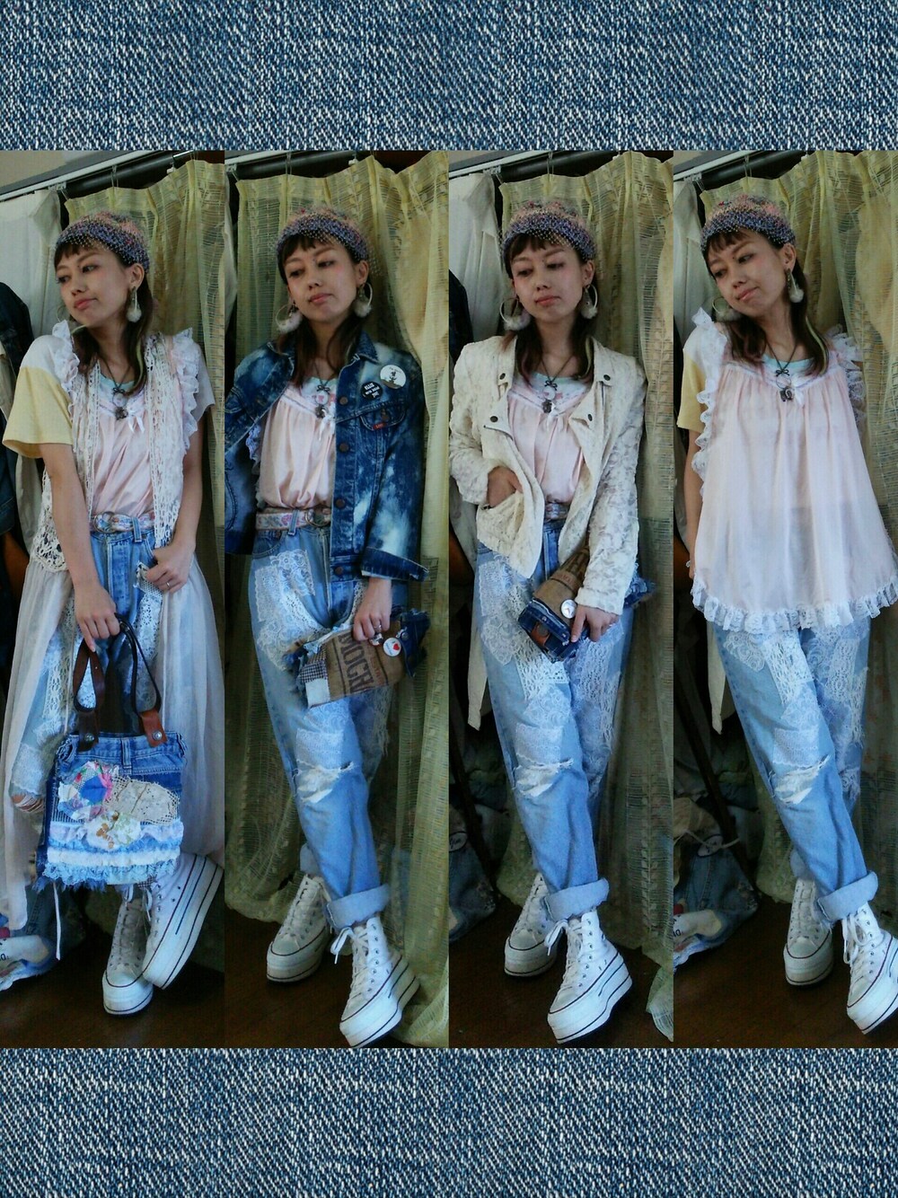 ホワイト系のシューズ、ブルー系のパンツ、ブルー系のバッグを着用したレディースの夏コーディネートの1枚目の写真