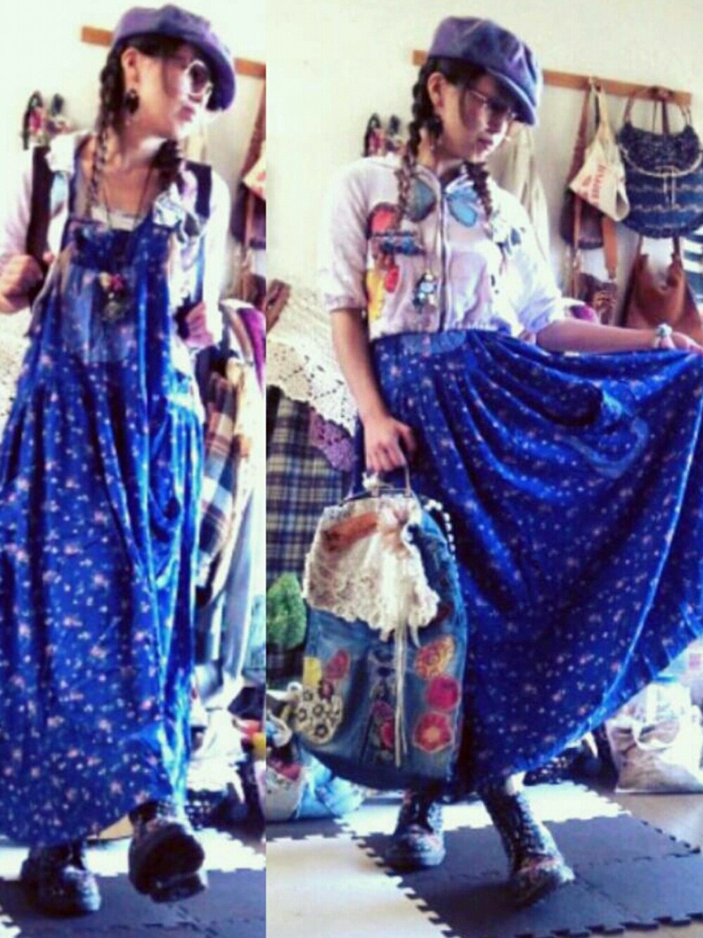 「古着、むちゃちゃ、個性的、ハンドメイド、リメイク、ヴィンテージ」｜「VINTAGEのアイテム（帽子、パープル系）」を使った、かおりん★さん（レディース・152cm）の夏コーディネートの1枚目の写真