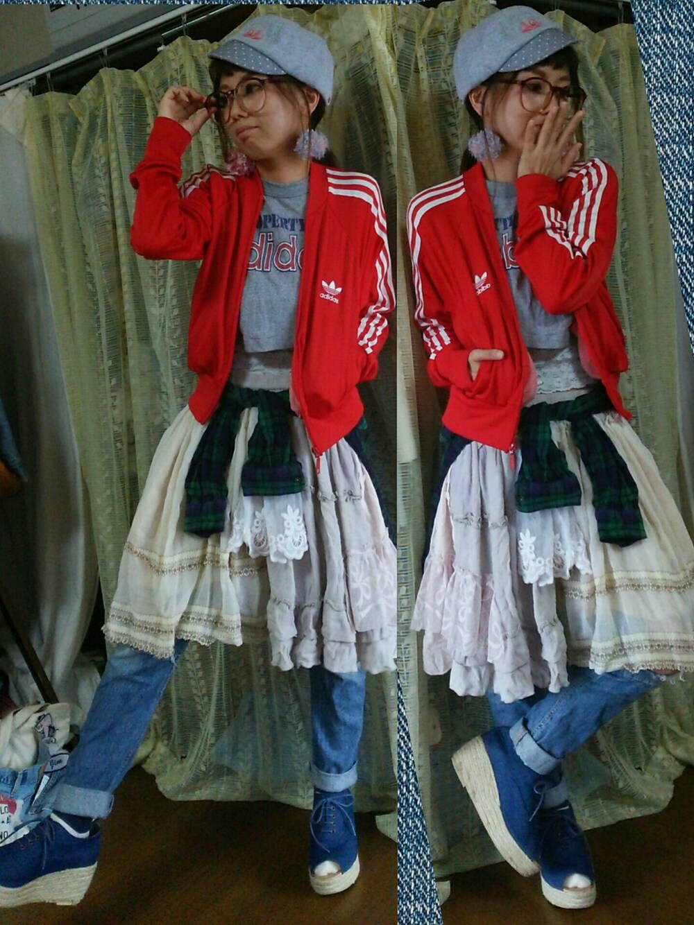 「adidas、スポーツmix、古着、服バカ秋の大運動会、キャップ、カオリノモリ、ジャージ、デニム」｜「onnaのアイテム（スカート、ホワイト系）」を使った、かおりん★さん（レディース・152cm）の秋コーディネートの1枚目の写真