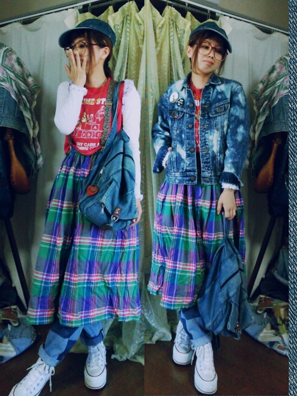 「古着、ヴィンテージ、チェック、デニム、デニデニ、キャップ、秋服、ブリーチ、COBICOBI」｜「usedのアイテム（スカート、その他）」を使った、かおりん★さん（レディース・152cm）の秋コーディネートの1枚目の写真