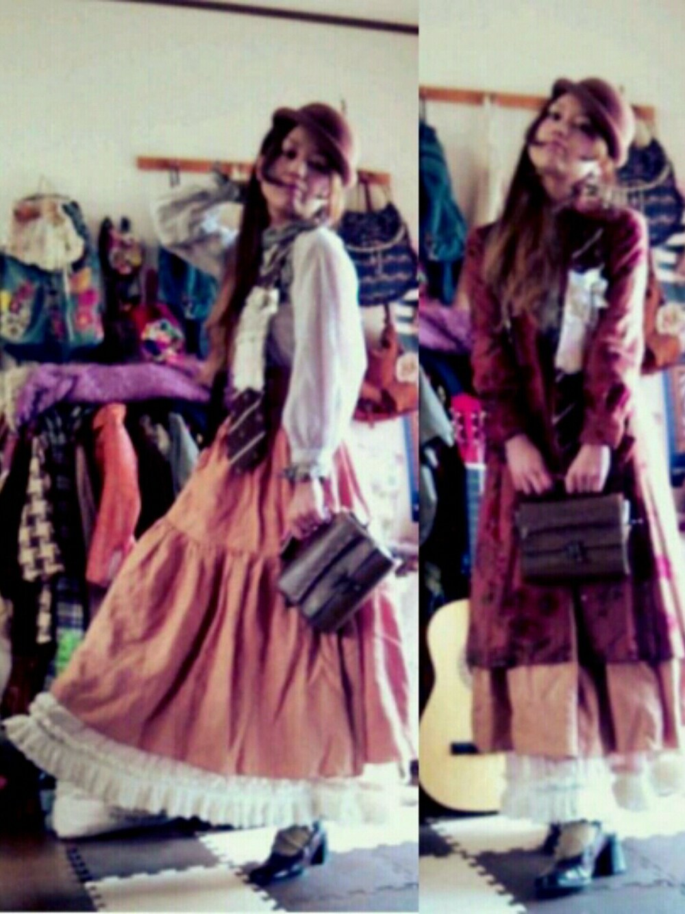 「秋色、秋服、ヴィンテージ、サスペンダー、古着、マキシスカート」｜「Handmadeのお友だち作ネクタイリメイクサスペンダー（ファッション雑貨、ブラウン系）」を使った、かおりん★さん（レディース・152cm）の秋コーディネートの1枚目の写真