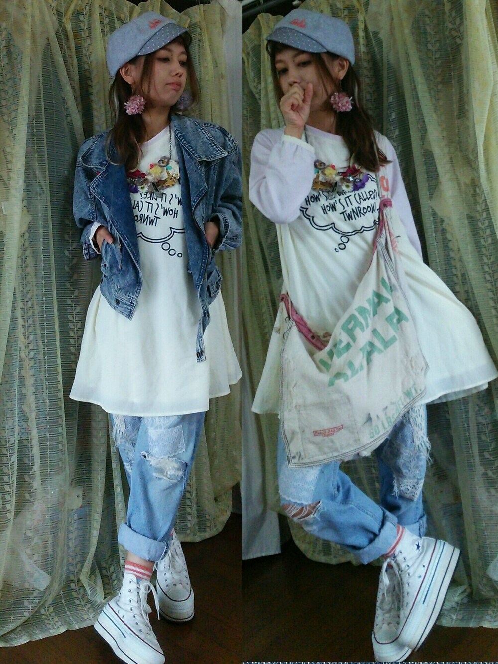 「古着、ヴィンテージ、デニム、ライダース、秋コーデ、パステル、カオリノモリ」｜「VINTAGEのアイテム（バッグ、ベージュ系）」を使った、かおりん★さん（レディース・152cm）の秋コーディネートの1枚目の写真
