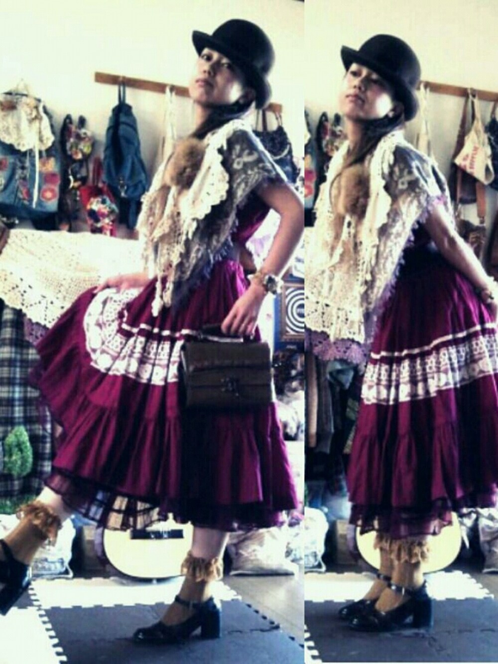 レッド系のワンピース/ドレス、レッド系のスカートを着用したレディースの秋コーディネートの1枚目の写真