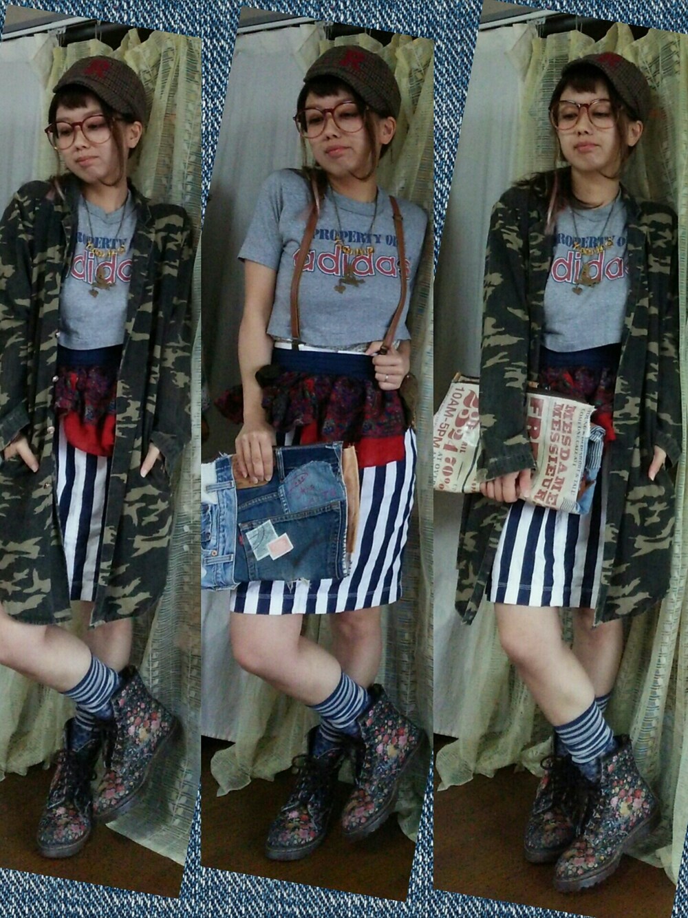 「カモフラ、ミリタリー、大人カジュアル、古着、ストライプ、チェック秋服、adidas」｜「古着のアイテム（スカート、その他）」を使った、かおりん★さん（レディース・152cm）の秋コーディネートの1枚目の写真