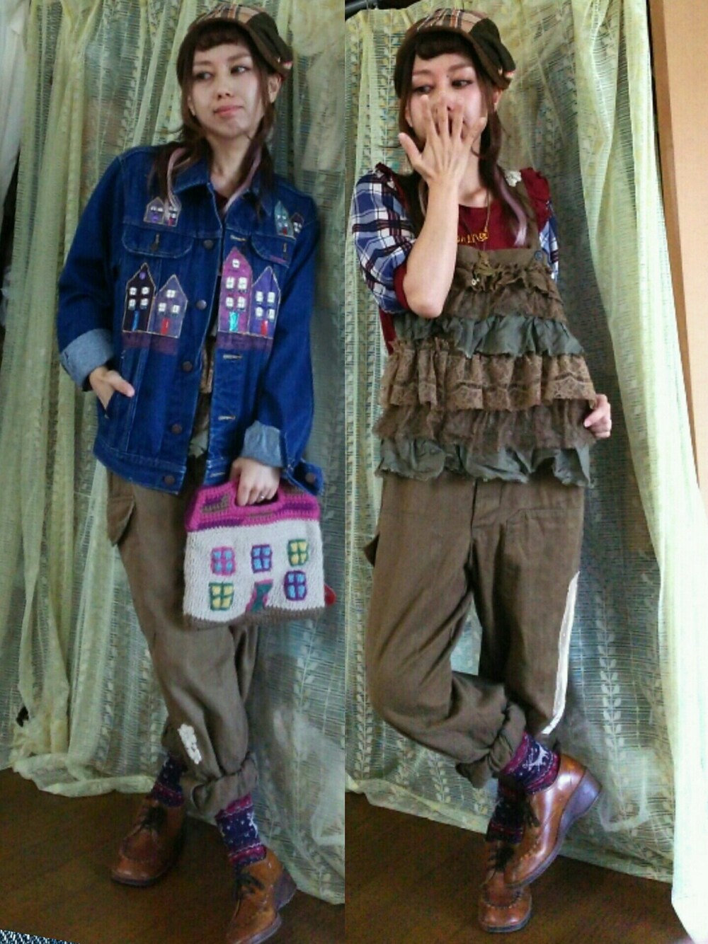 「秋コーデ、秋服、古着、ヴィンテージ、Gジャン、オーバーオール、リメイク、クラッチ、ニット」｜「RehersalLのアイテム（オールインワン・サロペット、ブラウン系）」を使った、かおりん★さん（レディース・152cm）の秋コーディネートの1枚目の写真