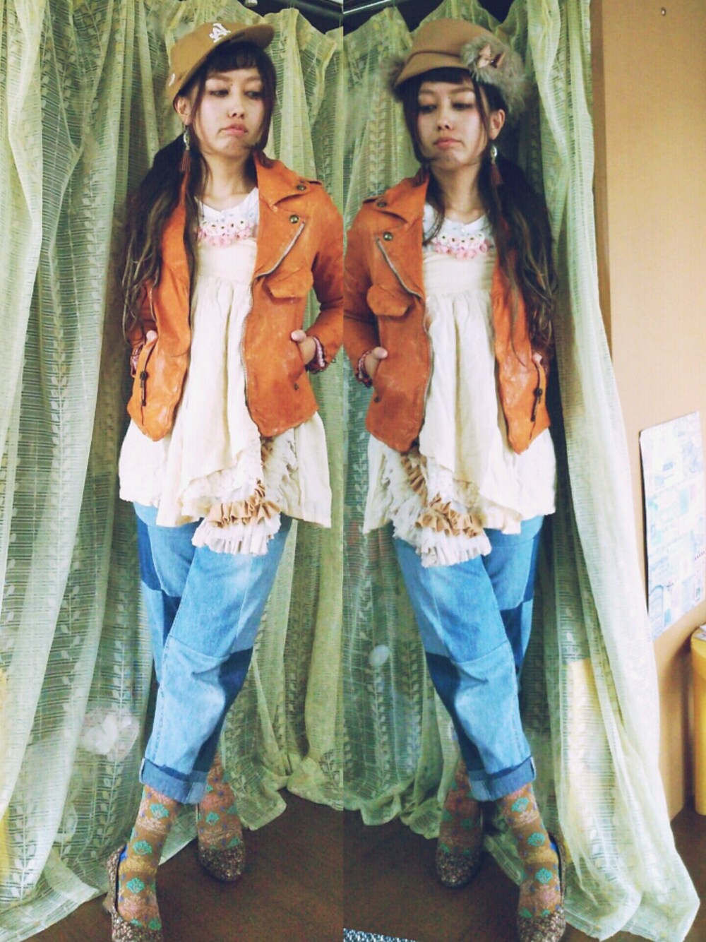 その他のジャケット/アウター、ブルー系のパンツ、その他のワンピースを着用したレディースの秋コーディネートの1枚目の写真