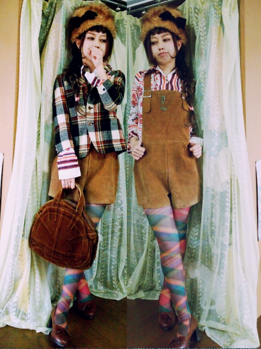 「すぎるコーデ、古着、ジャケット、秋服、秋コーデ、チェック」｜「VINTAGEのアイテム（オールインワン・サロペット、ブラウン系）」を使った、かおりん★さん（レディース・152cm）の秋コーディネートの1枚目の写真