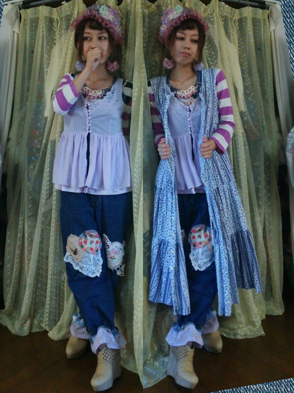 ピンク系のトップス、その他のトップス、ブルー系のワンピース/ドレスを着用したレディースの秋コーディネートの1枚目の写真