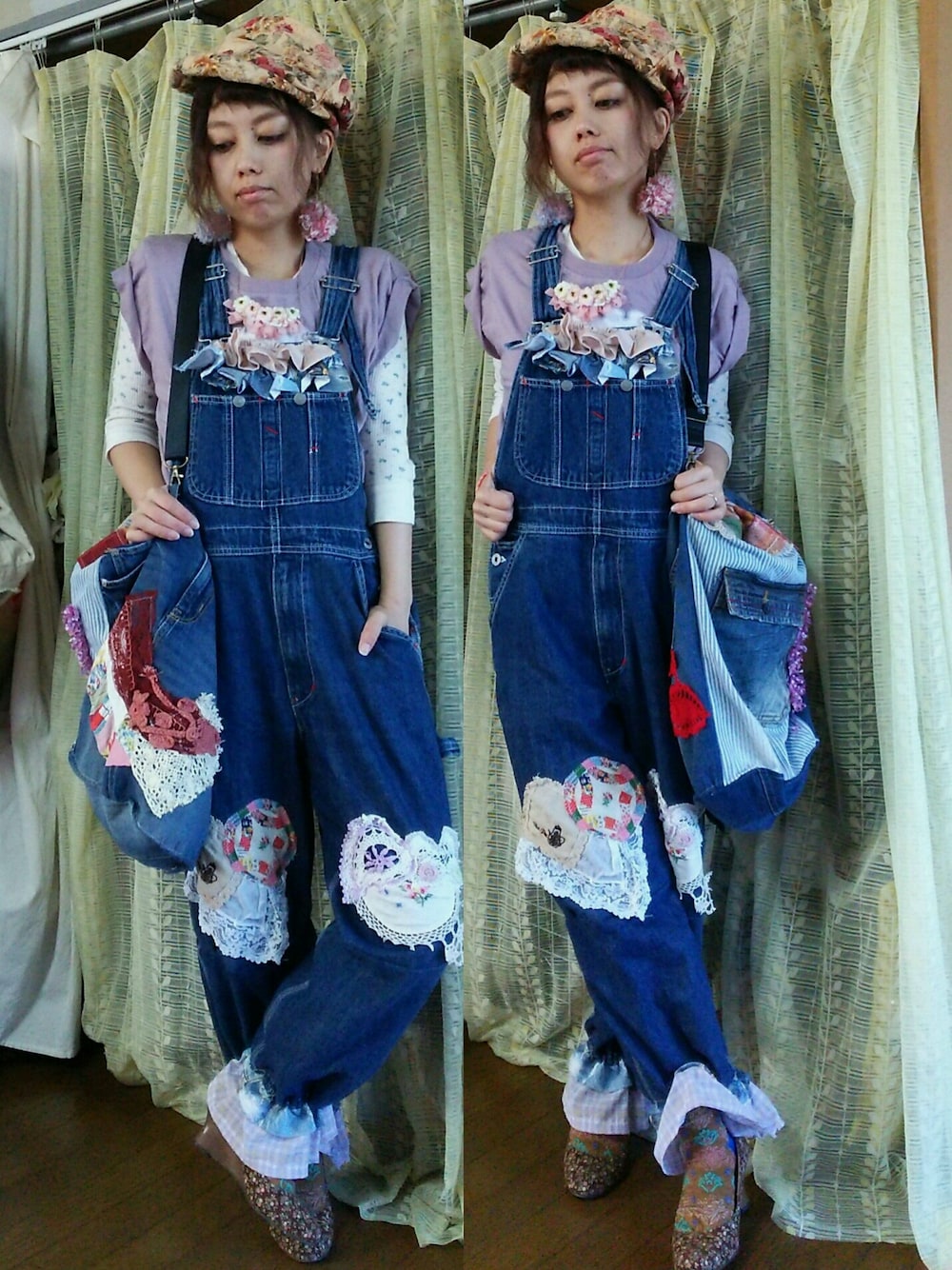 「派手神祭り、古着、ハンドメイド、リメイク、オーバーオール、デニム、個性派」｜「Handmadeのアイテム（オールインワン・サロペット、ブルー系）」を使った、かおりん★さん（レディース・152cm）の秋コーディネートの1枚目の写真