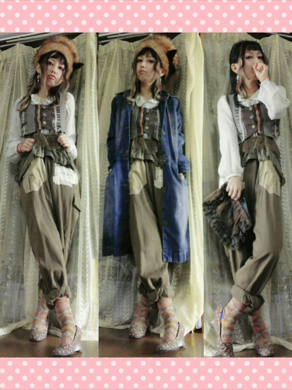 その他のトップス、ブラウン系のオールインワン・サロペット、ブルー系のジャケット/アウターを着用したレディースの秋コーディネートの1枚目の写真