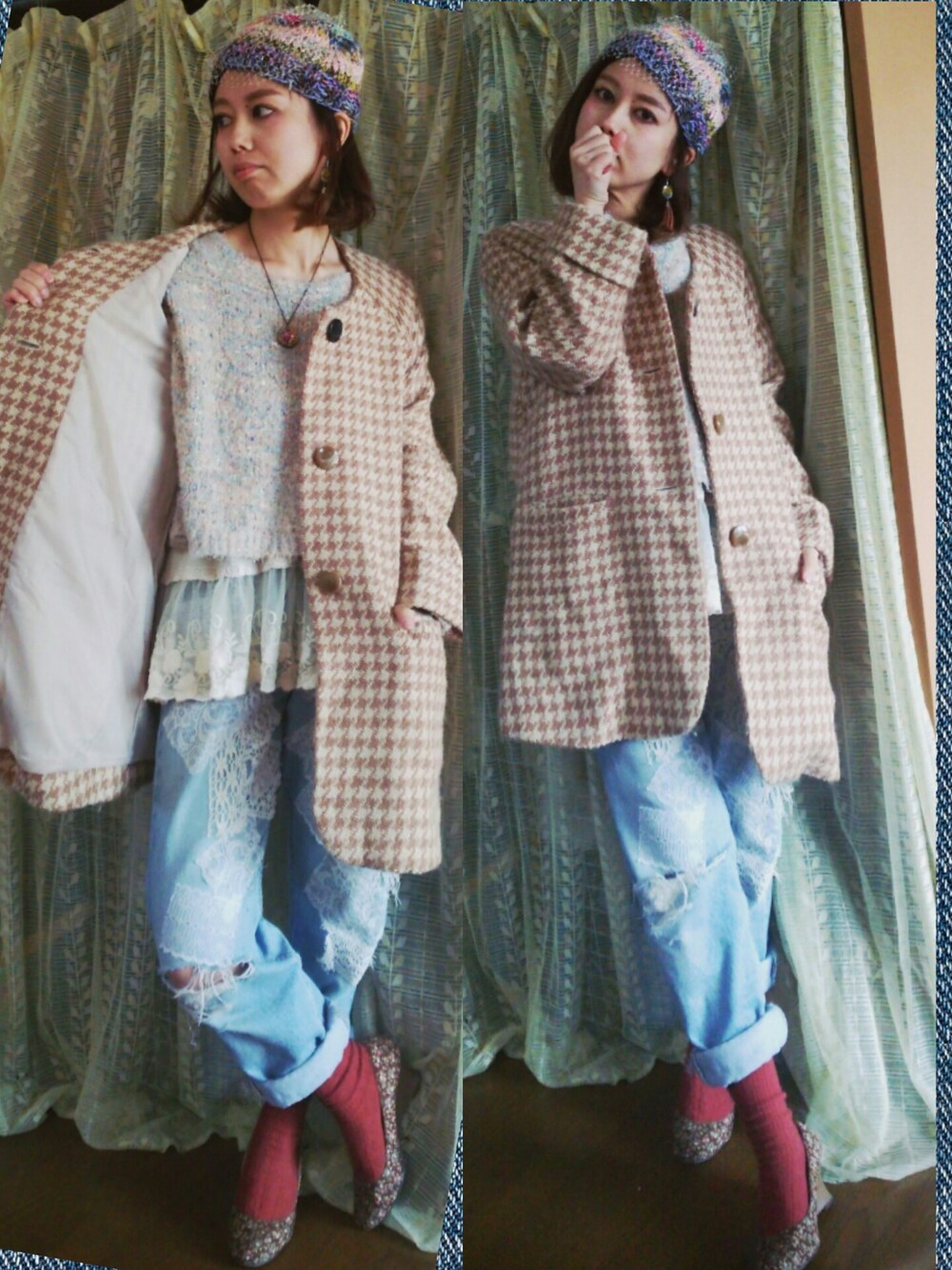「チビーズ✳︎、大人カジュアル、帽子かぶろう会、大人ガーリー、古着ミックス」｜「Handmadeのアイテム（ピアス（両耳用）、その他）」を使った、かおりん★さん（レディース・152cm）の冬コーディネートの1枚目の写真