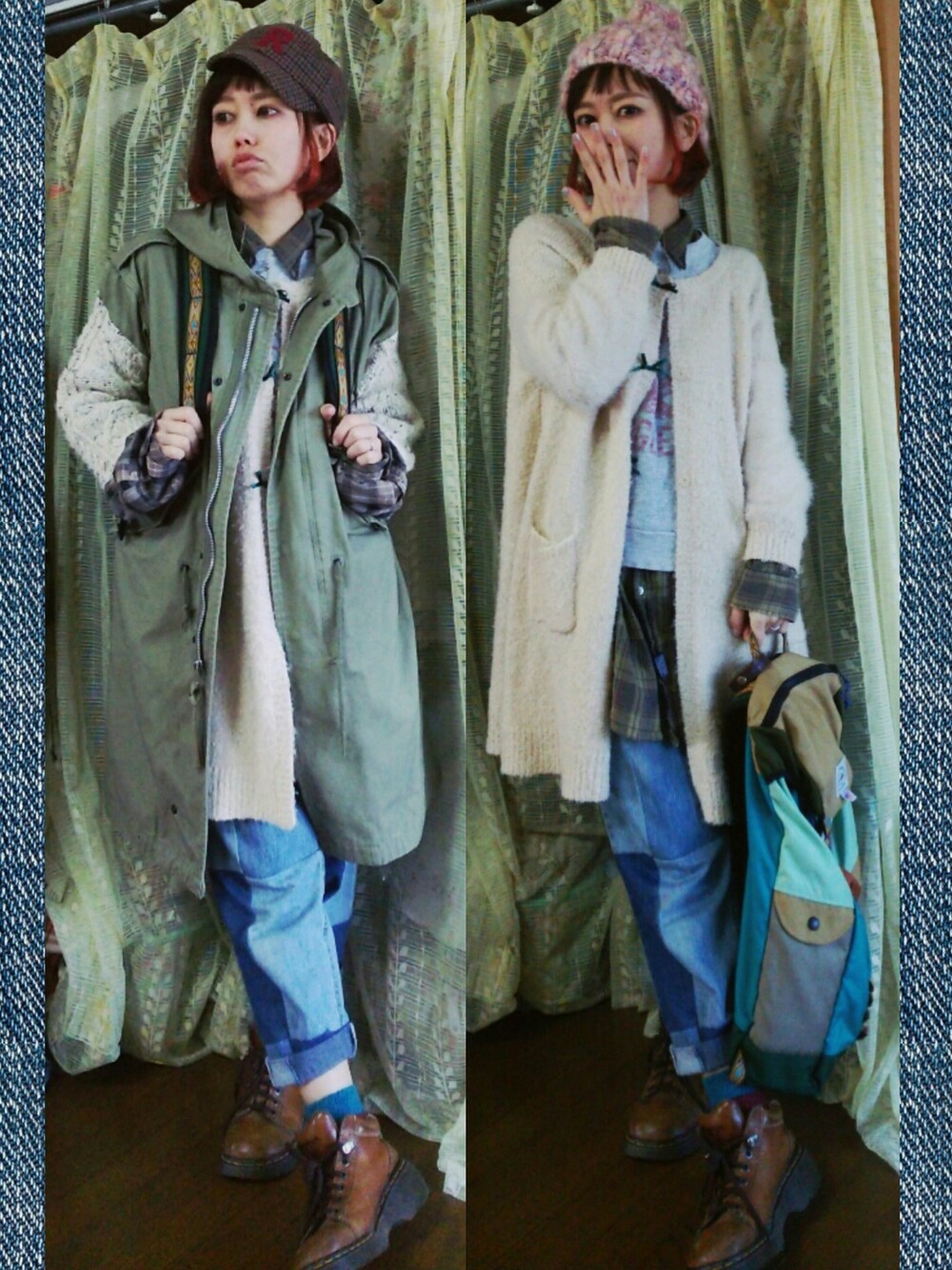 「大人カジュアル、アウトドア、古着、バックパック、リュック、ミリタリー」｜「Crispのアイテム（カーディガン/ボレロ、ベージュ系）」を使った、かおりん★さん（レディース・152cm）の春コーディネートの1枚目の写真