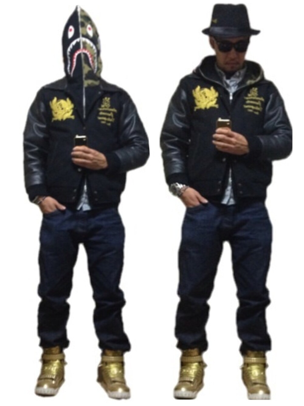 「スタジャン、ストリート、サングラス、ハット、A BATHING APE、時計、NIXON、シャークパーカー、エイプ、SPX」｜「SPXの【SPX】 STREET ROCK HI PAILETTE（スニーカー、ゴールド系）」を使った、KENFINITY 70さん（メンズ・179cm）の春コーディネートの1枚目の写真