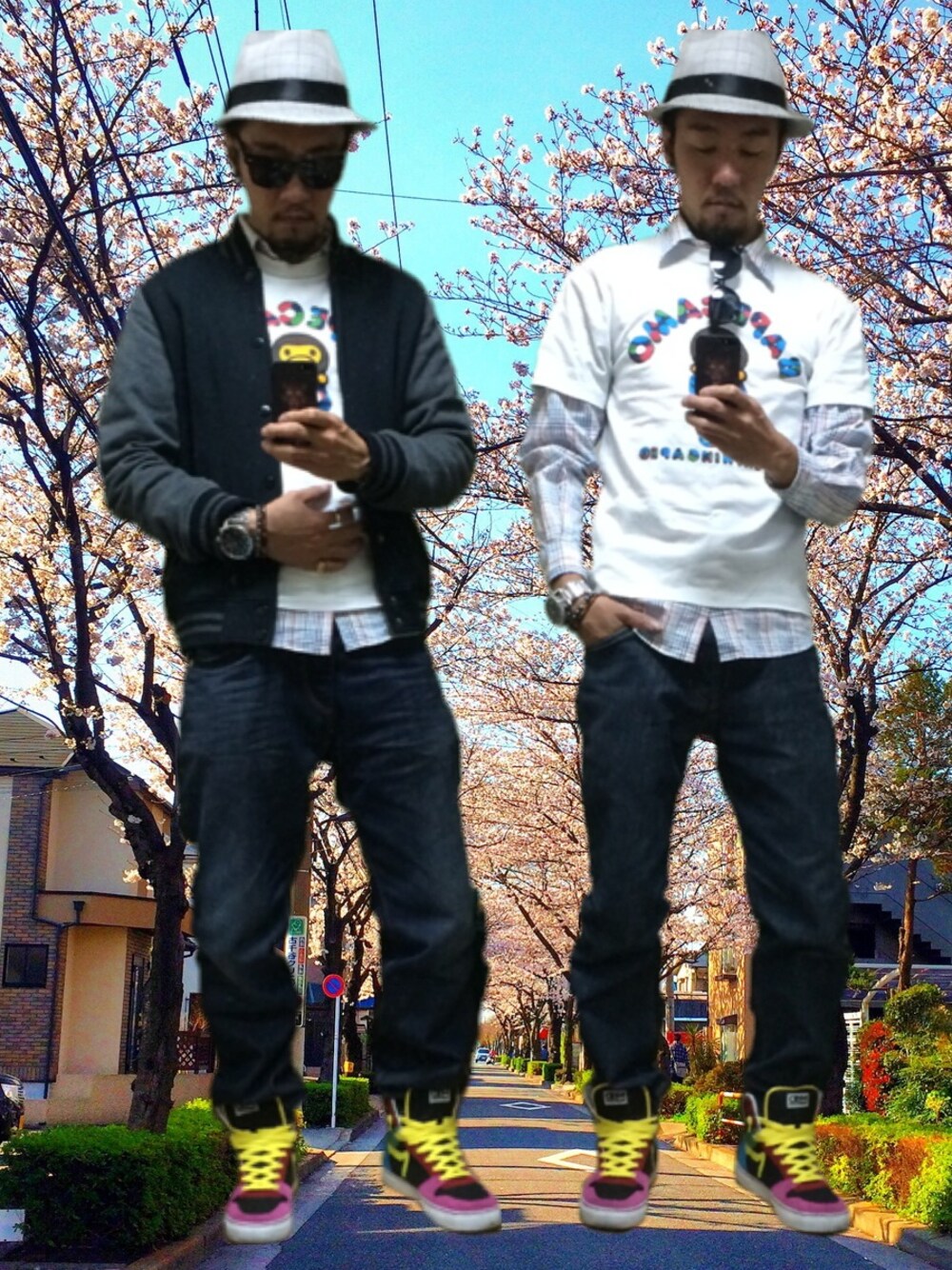 「重ね着、ハット、春、NIXON、シャツスタイル、MAD foot!、花見、春のレジャースタイル、ape」｜「MAD FOOTのMAD WIT HI[BLK MULTI]（スニーカー、ブラック系）」を使った、KENFINITY 70さん（メンズ・179cm）の春コーディネートの1枚目の写真
