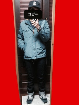 「アイテム（マウンテンパーカー、ブルー系）」を使った、るるるさん（メンズ・163cm）の冬コーディネート