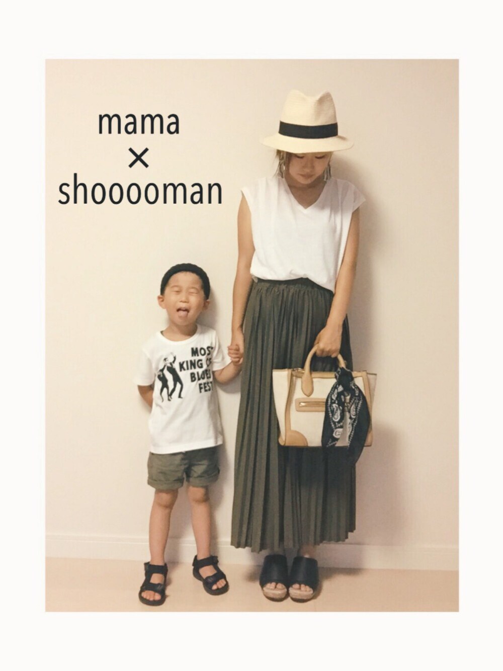 「親子コーデ、リンクコーデ、ママコーデ、しまむら、kids、プチプラ」｜「GUのアイテム（Tシャツ/カットソー、ホワイト系）」を使った、shooomanさん（キッズ・100cm）の夏コーディネートの1枚目の写真
