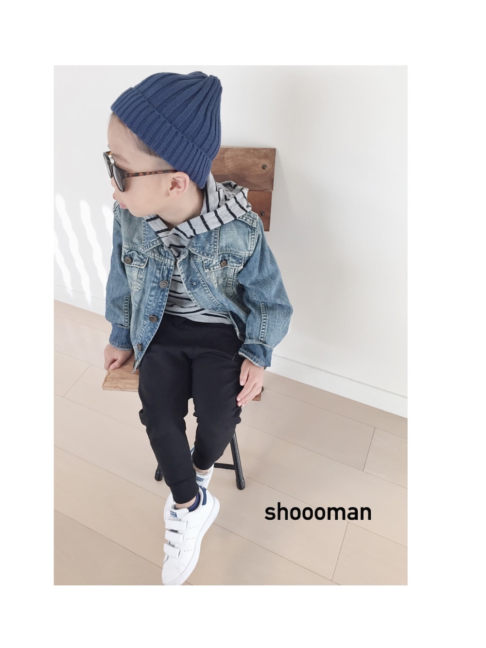 「キッズファッション、秋冬、男の子コーデ、ボーダー、Diesel」｜「DIESELのアイテム（デニムジャケット、ブルー系）」を使った、shooomanさん（キッズ・100cm）の冬コーディネートの1枚目の写真