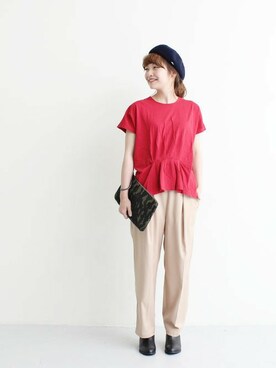 「リラックスパンツ」｜「アイテム（ハンチング/ベレー帽）」を使った、Dot&Stripes CHILDWOMANさん（レディース・158cm）の夏コーディネート