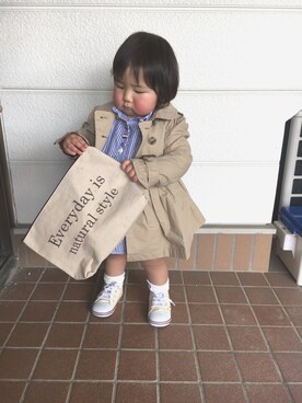 「西松屋」｜「アイテム（ダウンジャケット/コート）」を使った、しーさん（キッズ・80cm）の春コーディネート